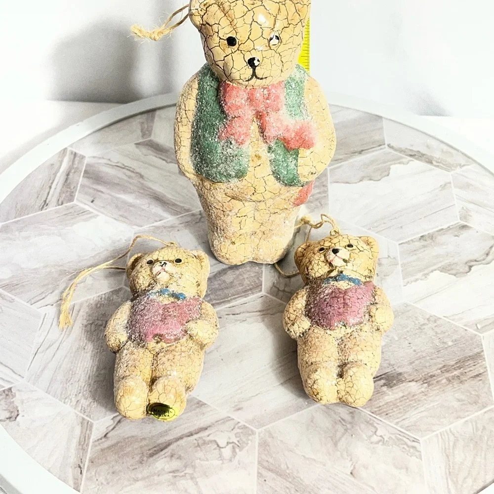 Vintage Crackle Teddy Bear Figurines Set of 3 Rustic Christmas Decor